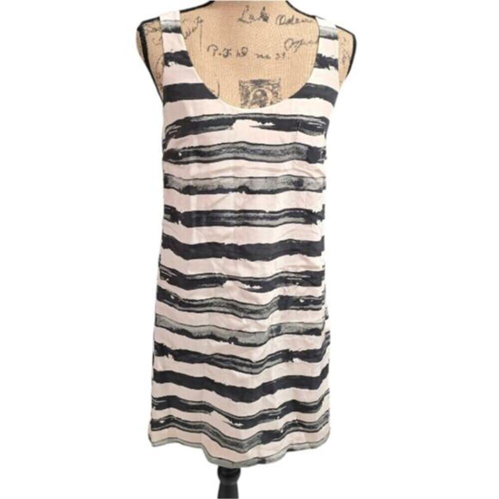 J Crew Women's 100% Silk Shift Dress Size 2‎ Cream Black Stripes Razorback Lined